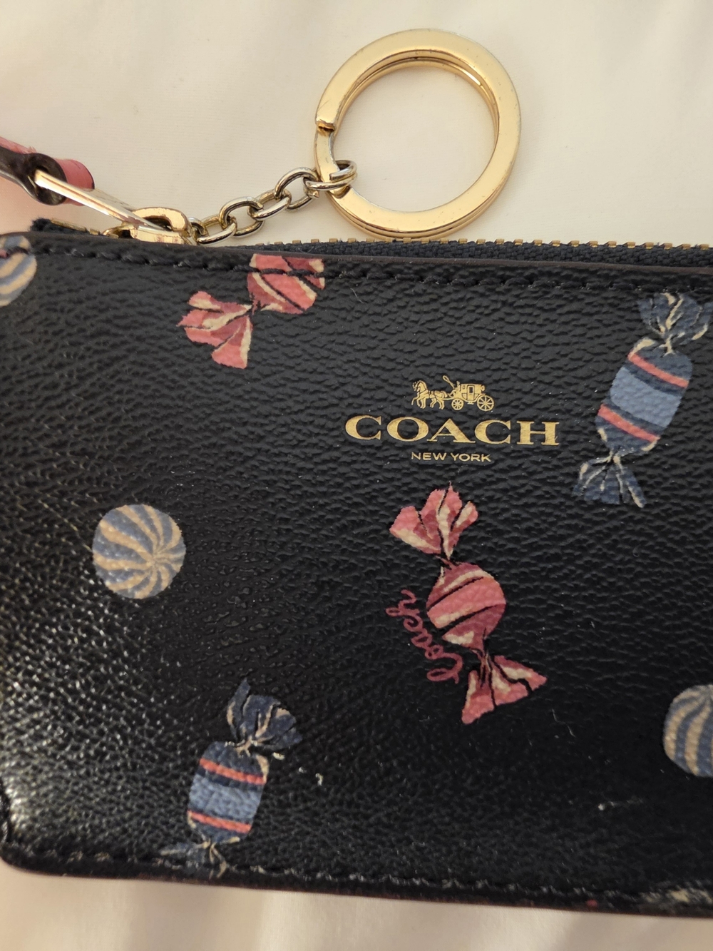 COACH Black Leather Candy-Print Key Pouch with Gold Logo